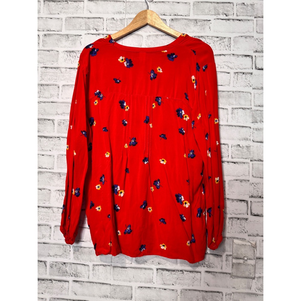 Old Navy Red Floral Lace Up Pintuck Long Sleeve Blouse XL Rayon Boho Peasant Top - Picture 3 of 7